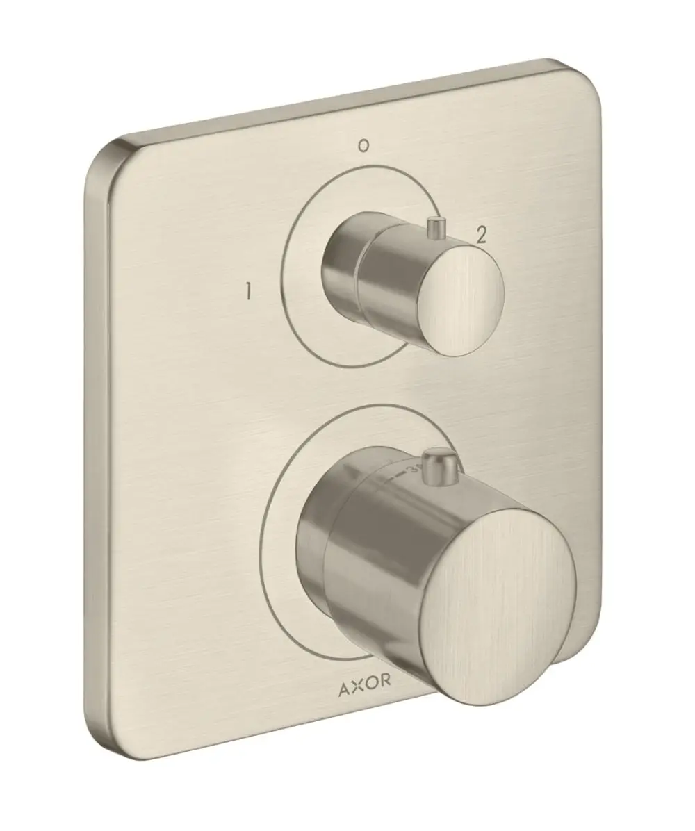 Thermostat-Element von AXOR mit zwei Drehreglern auf einer quadratischen, gebürsteten Nickel-Oberfläche. Ein Regler dient zum An- und Ausschalten, der andere zur Temperaturregelung.